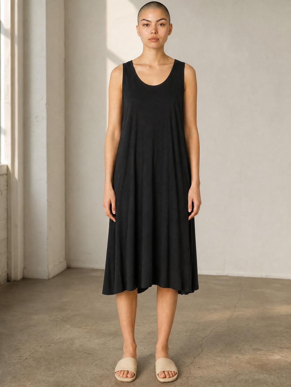Black Sleeveless A-Line Midi Dress